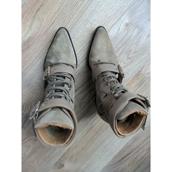 Chloe Rylee Caged Suede Taupe Buckle Ankle Boots - Picture 7 of 13